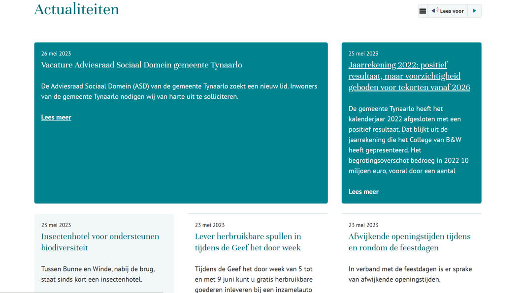 De gemeentepagina van Tynaarlo. Groene en witte tekstvlakken, met nieuws
