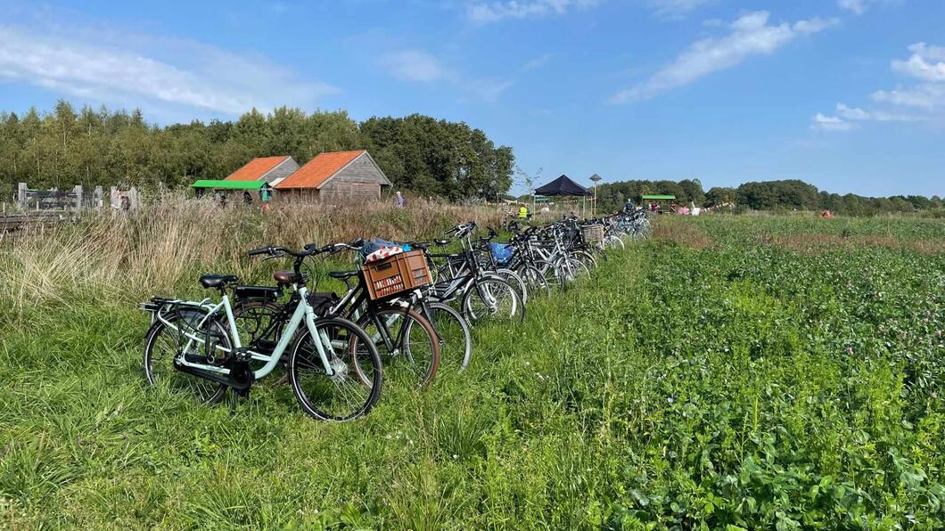 Stuk land met gras en fietsen, onder een blauwe hemel. Op de achtergrond zie je nog twee huisjes met oranje dak