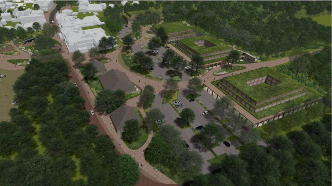 Plannen die er voor de voorzijde PBH-terrein zijn. Een foto met enkele gebouwen en groen