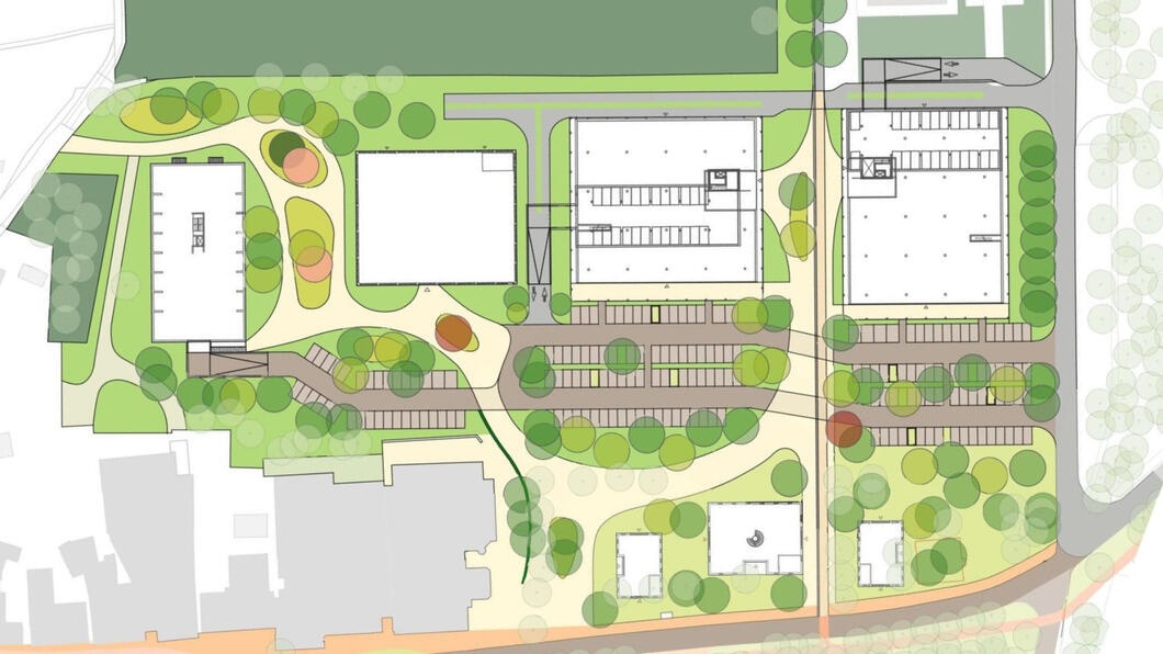 Een plattegrond van het toekomstige PBH terrein. Een terrein met ruimte voor woningen en winkels. Op de plattegrond is er vooral aandacht voor de parkeergarages