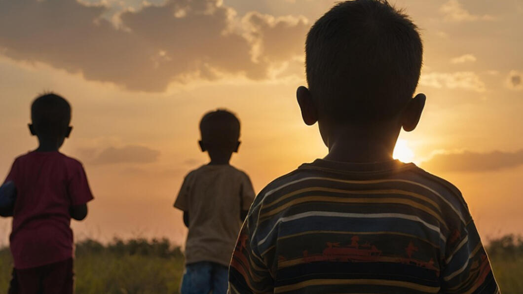 Enkele vluchtelingen (kinderen) die naar de ondergaande zon kijken