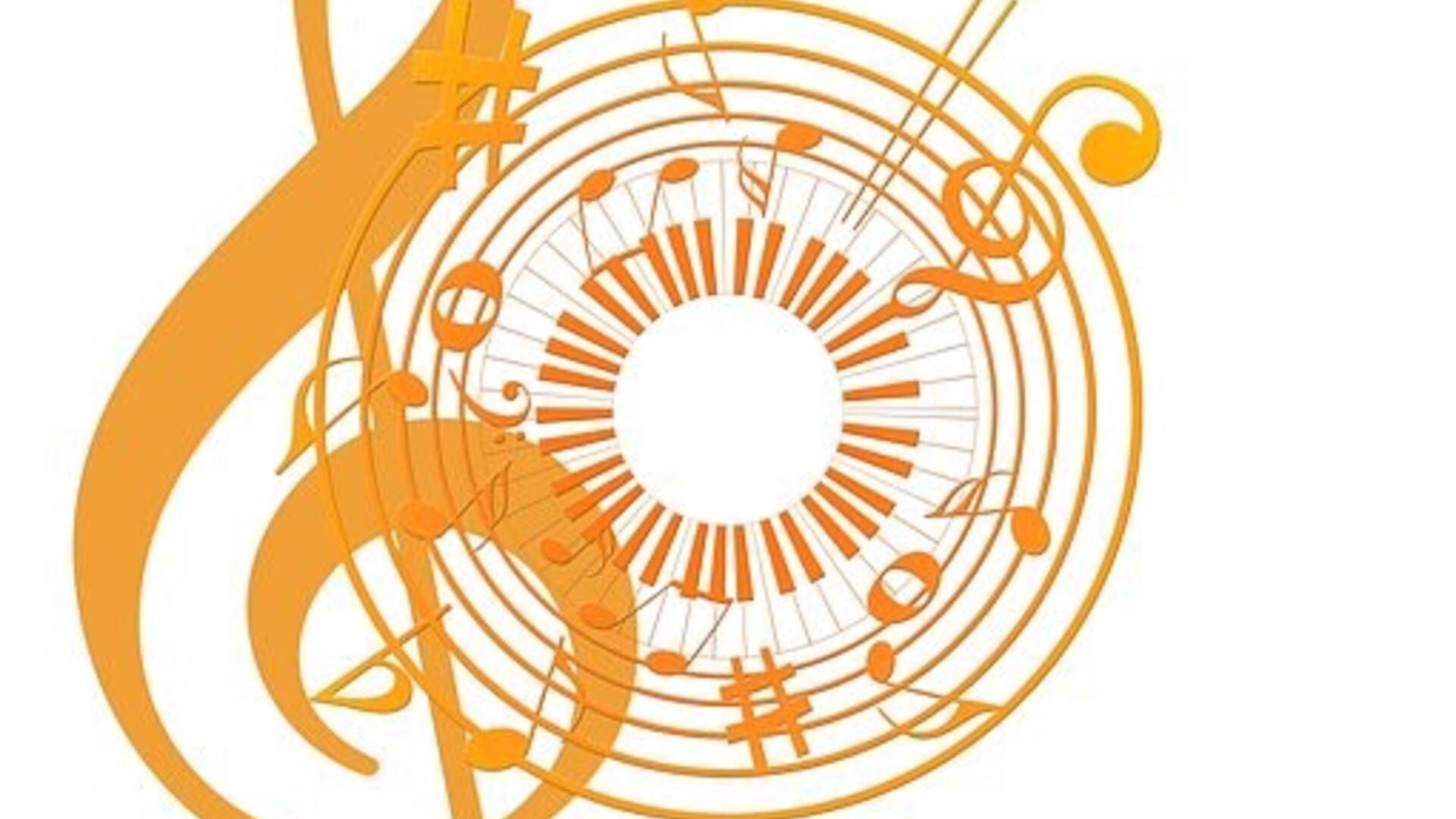 Het goudkleurige plaatje toont een muzieksleutel met daarachter een cirkelvormige notenbalk met muzieknotenknoten