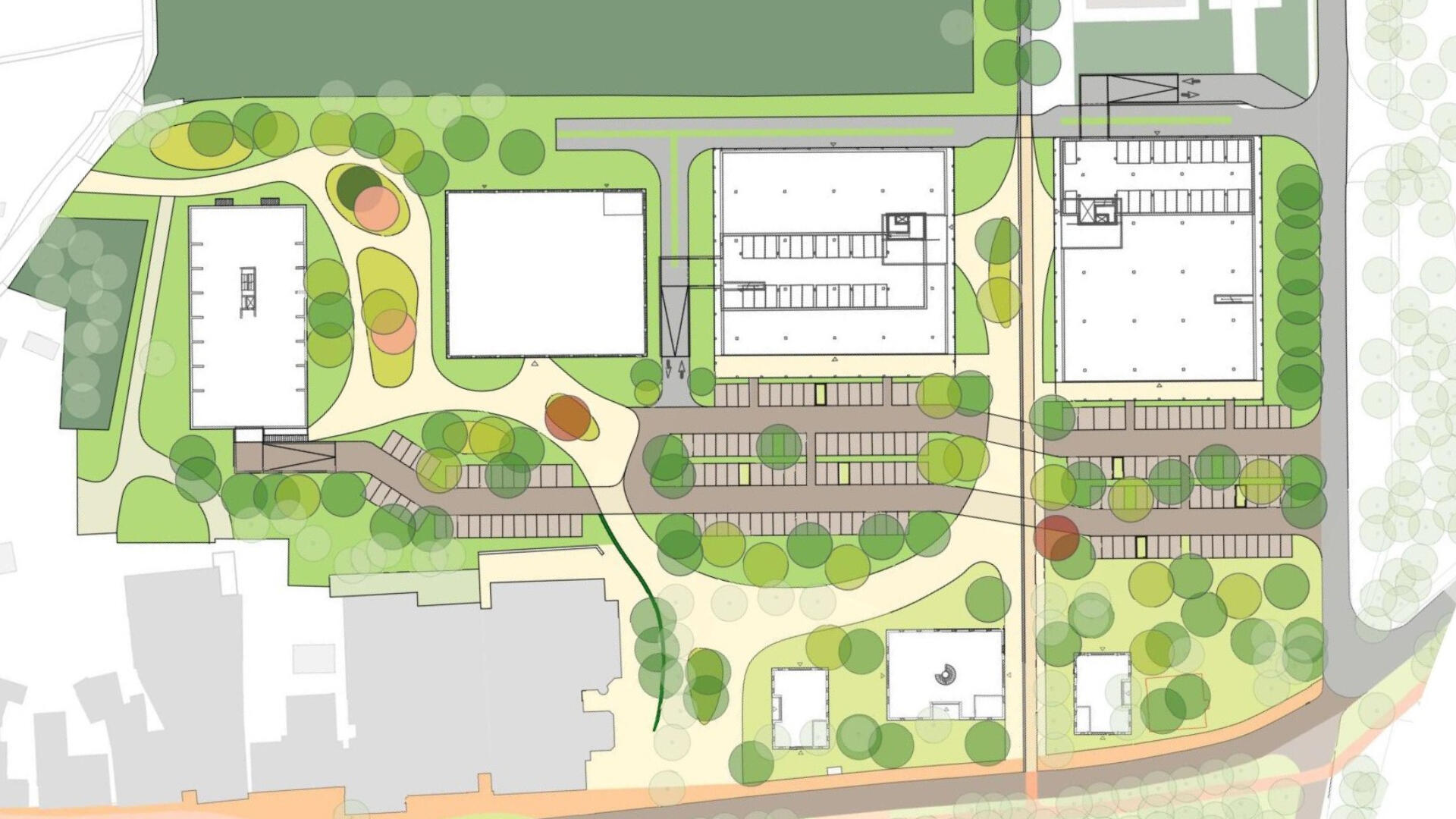 Een plattegrond van het toekomstige PBH terrein. Een terrein met ruimte voor woningen en winkels. Op de plattegrond is er vooral aandacht voor de parkeergarages